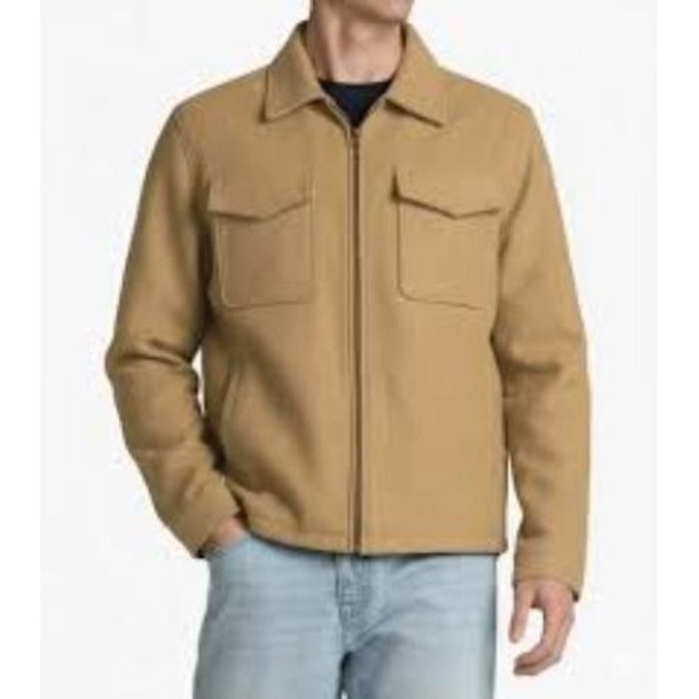 Nine West Cropped Jacket Men's Large Camel Wool Solid Flap Pockets Full Zipper